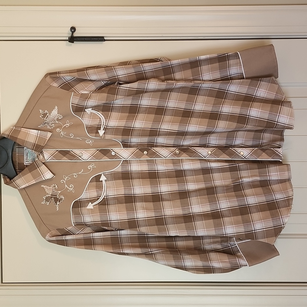 Vintage H Bar C California Ranchwear 16.5/35 Khaki Plaid Pearl Snaps